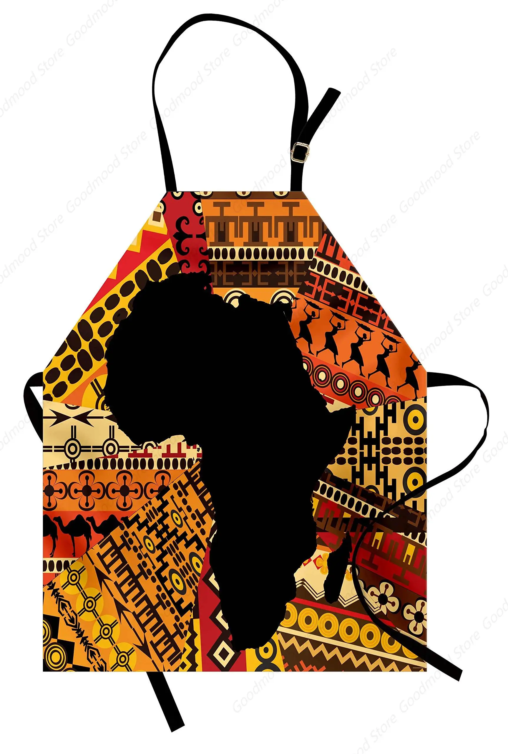 African Apron, Abstract Style Map on Carpet Background Illustration, Unisex Kitchen Bib Apron with Adjustable Neck for Cooking