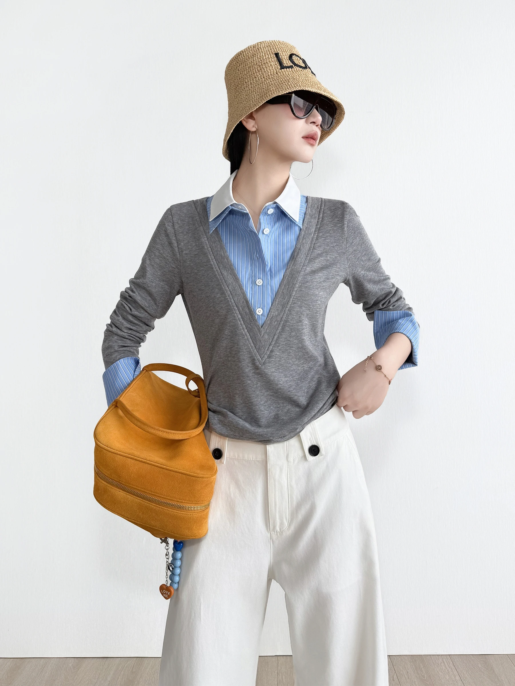 

NancyCavally Green Color Block Knitwear Fake Three-Piece Lenzing Fiber Eco-Friendly Street Style Women's Long Sleeve Sweater
