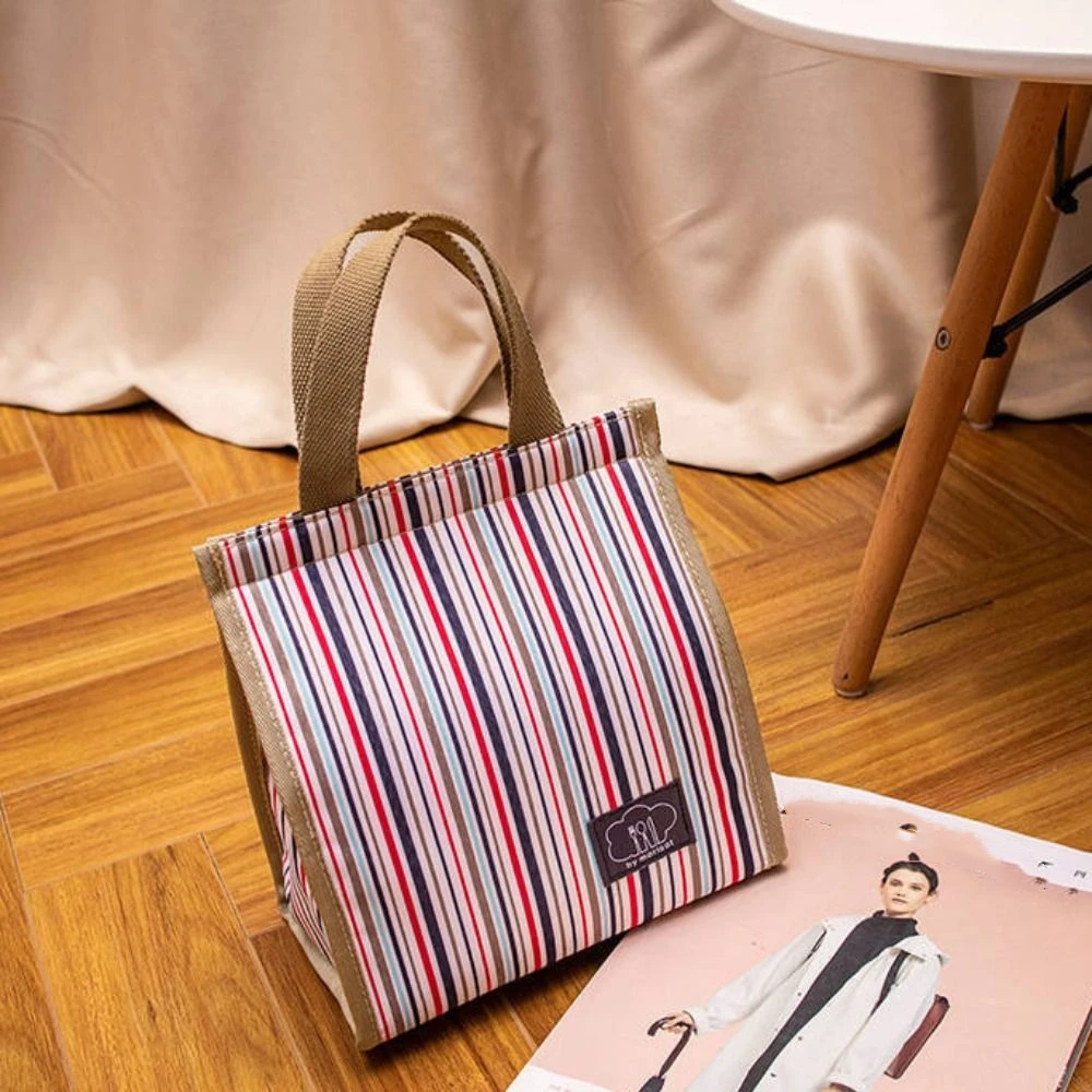 Waterproof Insulated Thermal Lunch Bag Large Capacity Oxford Cloth Hand-held Picnic Food Pouch Thickened Stripe Storage Handbag