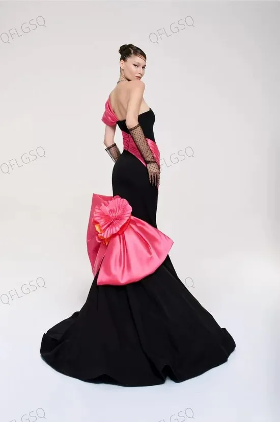 Fabulous Black Pink Prom Gowns Long Sweetheart Party Dress Mermaid Formal Gowns with Bow Pleated Off The Shoulder