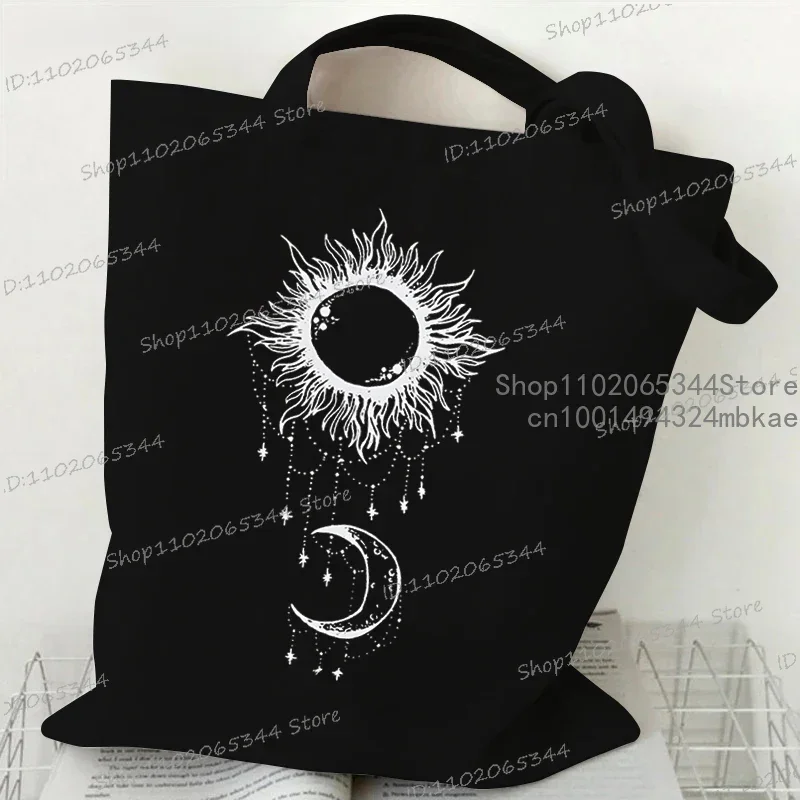 Vintage Moon and Sun Print Women Shoulder Bag Funny Fashion Sun Moon Flower Butterfly Pattern Shopping Bag Ladies Canvas Handbag