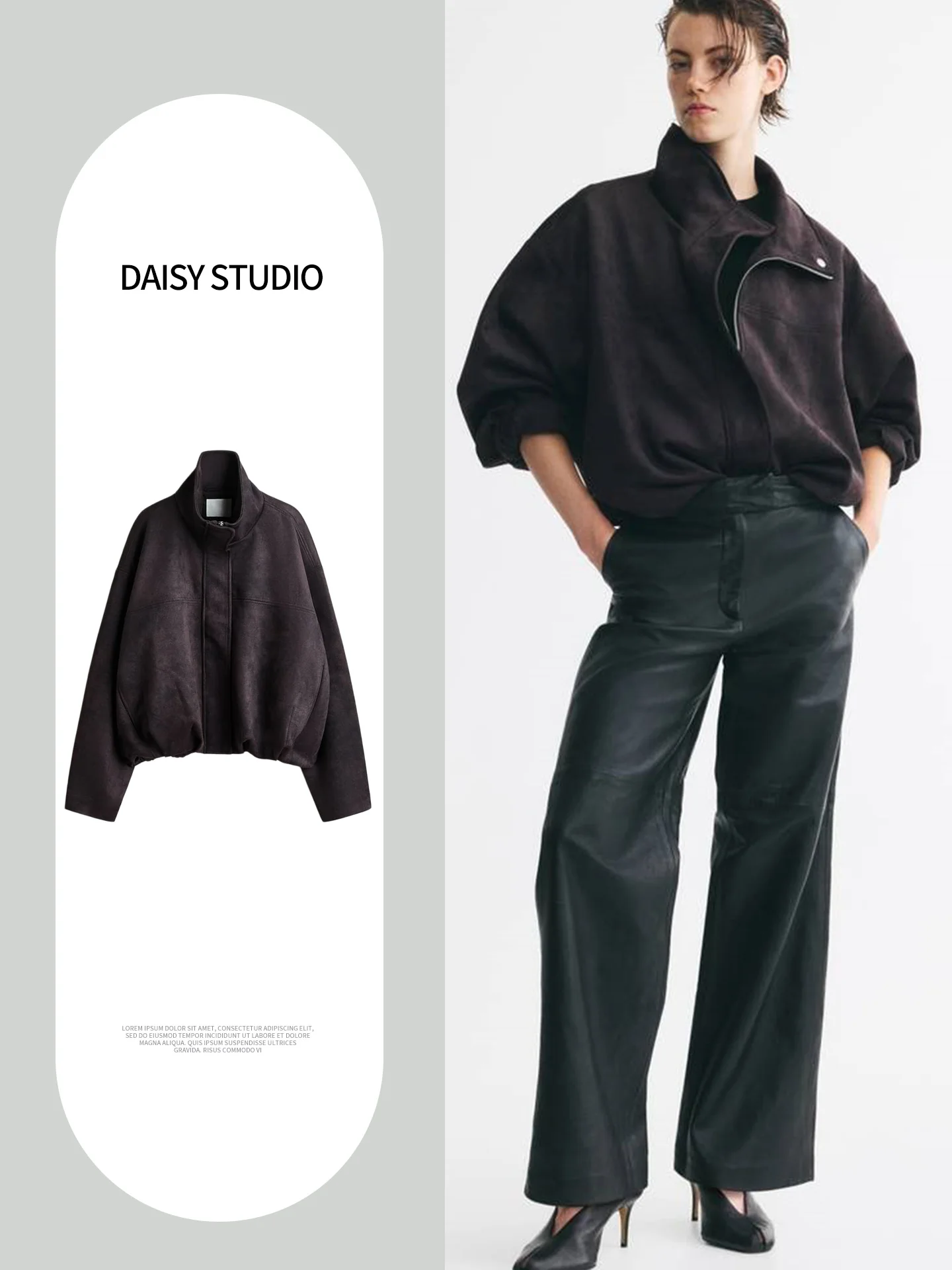 Fall New Women's Bubble Hem Oversized Shoulder Long Sleeve Funnel Neck Outerwear French Style Polyester Fiber Short Length