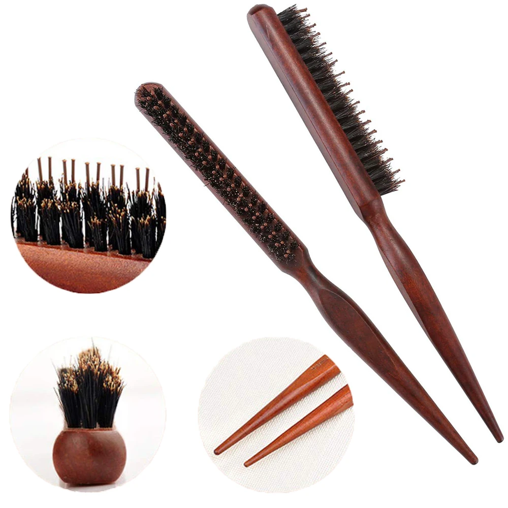 Boar Bristle Teasing Brush Comb with Rat Tail for Hair Sectioning for Edge Control, Backcombing, Smoothing, Styling Hair Tool