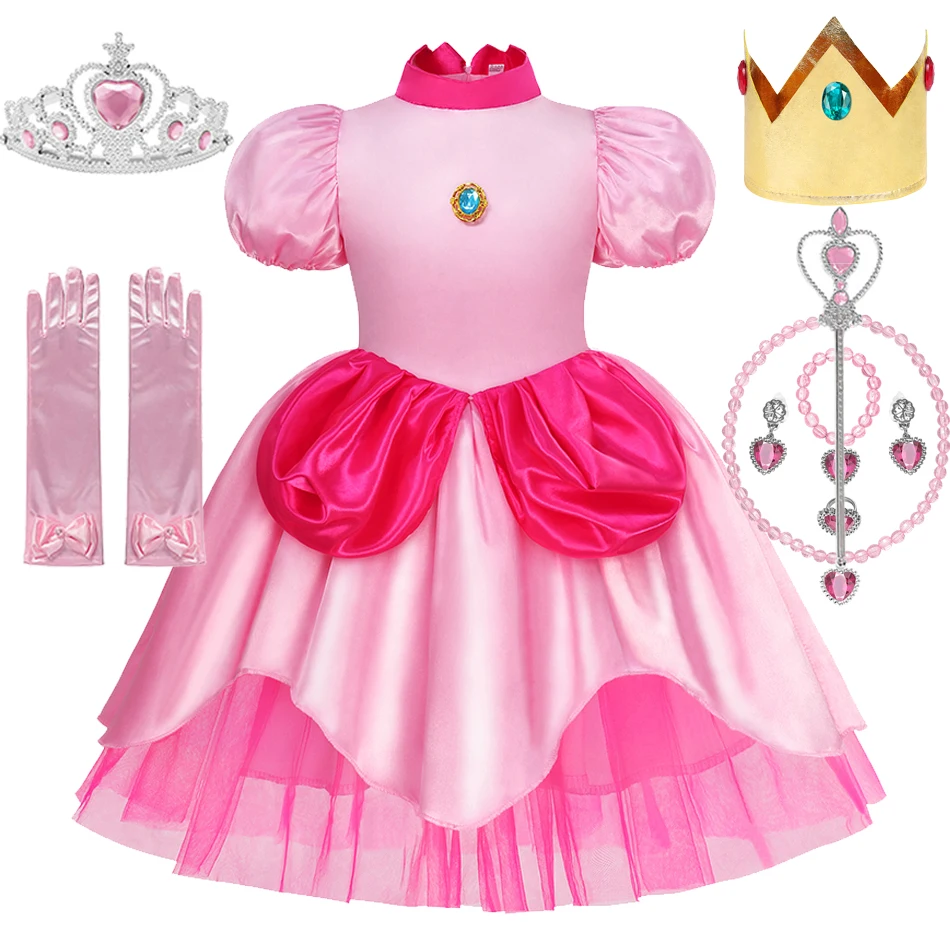 

Kids Short Sleeve Fancy Crown Cosplay Costume New Peach Princess Dress For Girls Baby Halloween Carnival Party Outfits 2-10Y