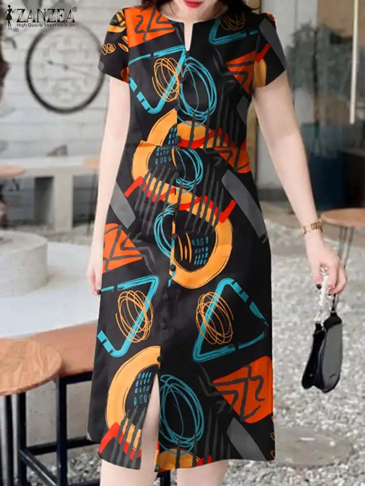 

2024 Summer V-neck Robe ZANZEA Bohemian Graffiti Printed Dress Women Holiday Short Sleeve Midi Sundress Casual Loose Vestidos