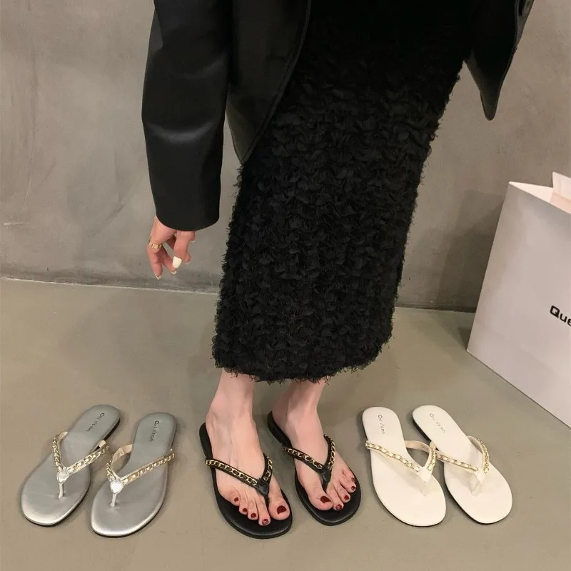 

Multi Colored Womens Flat Slippers with Pearl Open Toe Non Slip Soft Bottom 2025 New Summer Indoor Outdoor PU Casual Flip Flops