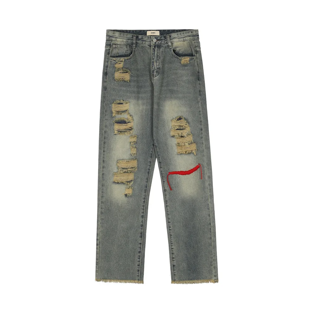 

Men's Jeans Street Frayed Hole Retro Washed Woman's Y2K Denims Pant American Style High Quality Loose Straight Barrel Trousers