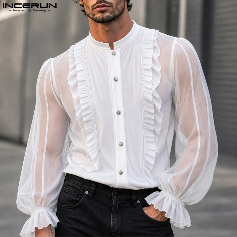 INCERUN Men's Shirt Solid Color Lapel Long Sleeve Ruffle Elegant Menswear Clothing Streetwear Loose Fashion Casual Tops For Man