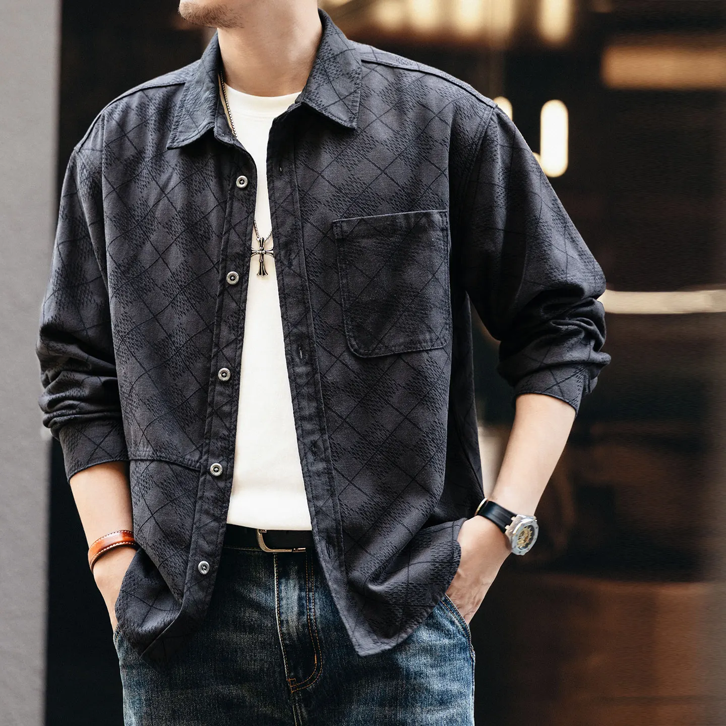 Spring and Autumn's new trendy men's retro casual checkered shirt long-sleeved shirt jacket