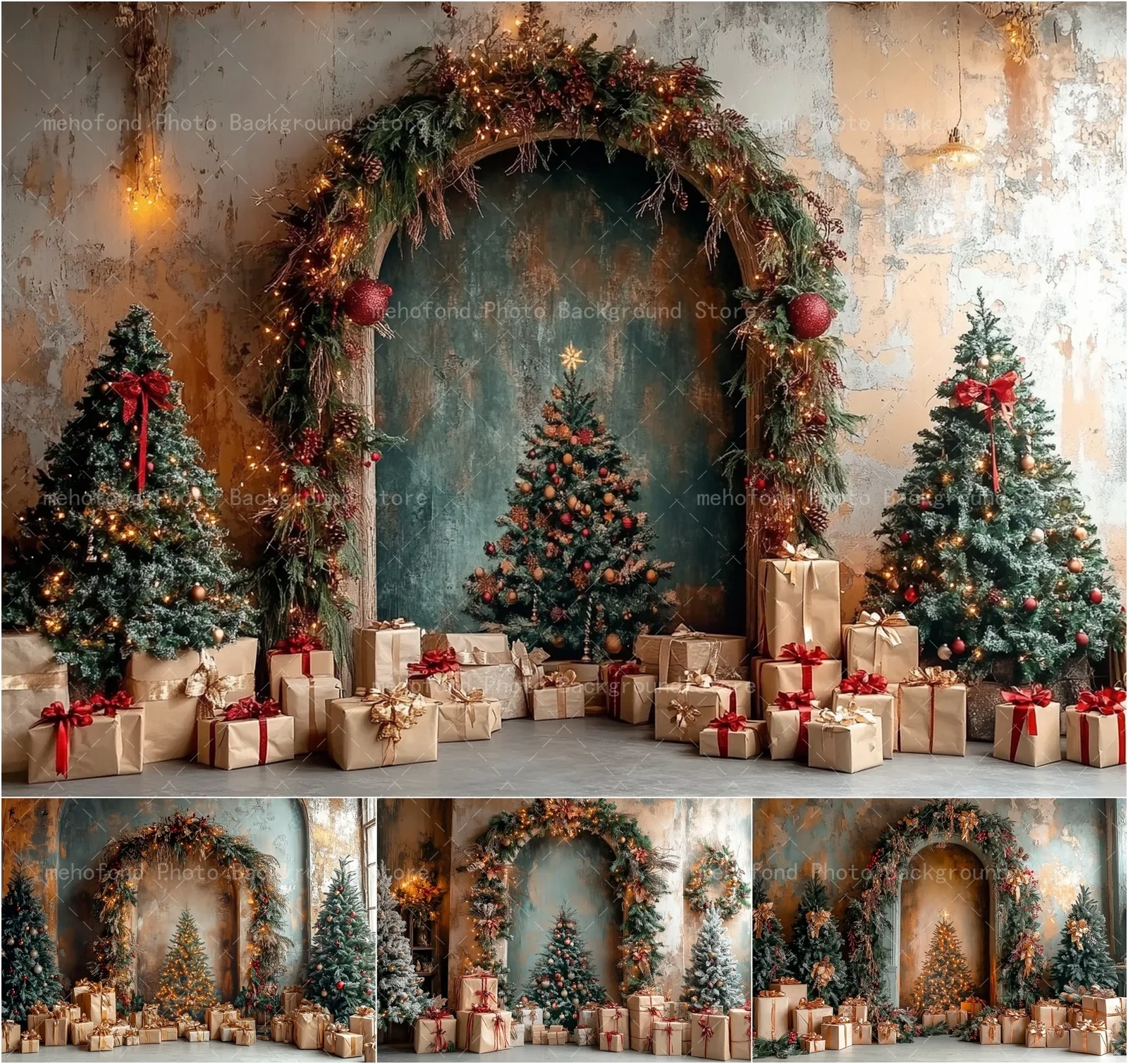 

Mehofond Photography Background Retro Wall Green Branches and Leaves Decorative Arch Door Kids Family Portrait Backdrop Decor