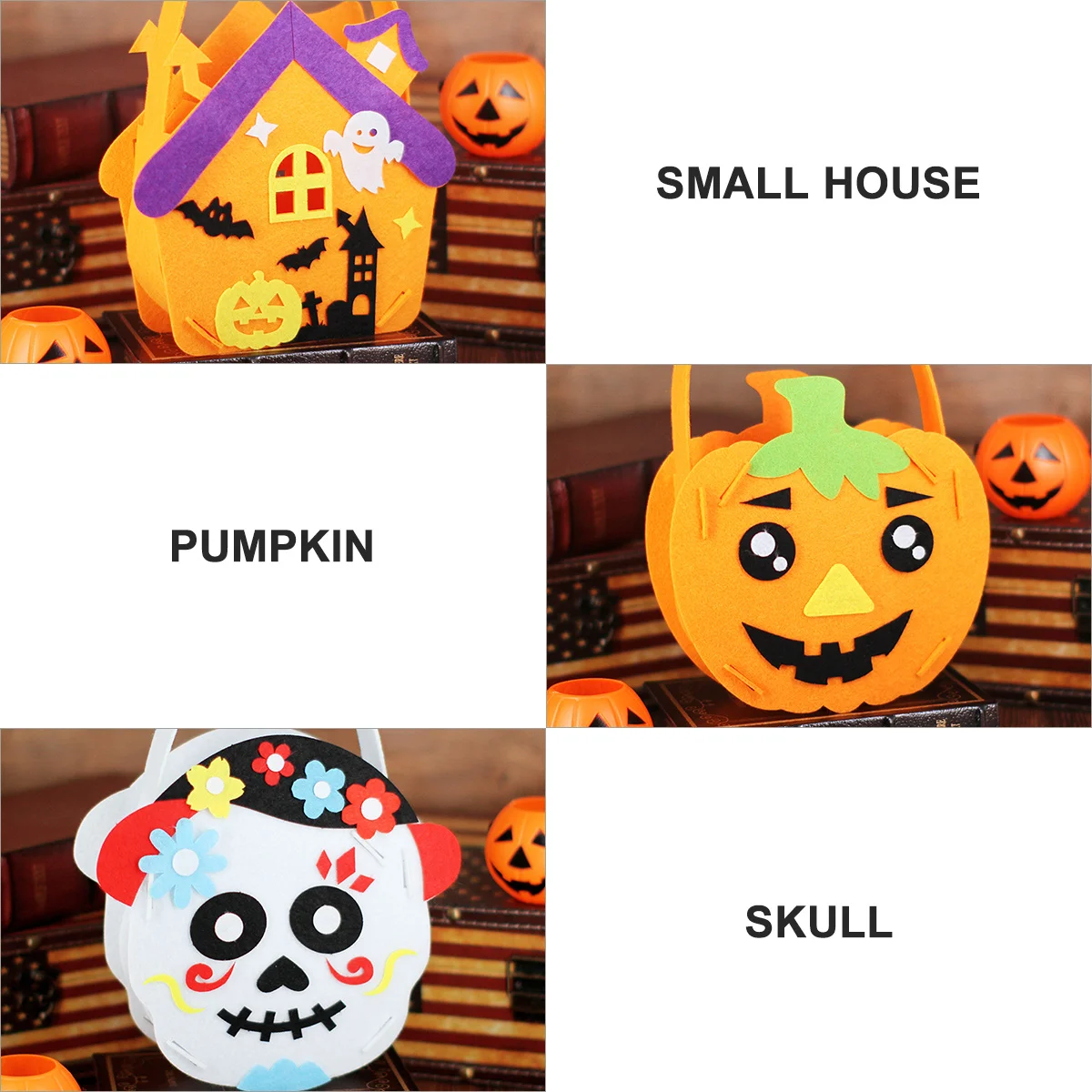 

3Pcs Halloween Candy Bag Non-Woven DIY Trick Or Treat Tote Skull Pumpkin Small House Design Halloween Candy Bag