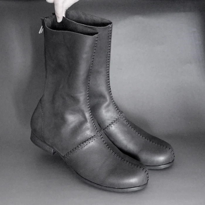 JINIWU 2026 Autumn Winter Men's Vintage Cowhide Mid-Calf Boots, Hand Stitched Round Toe Slim Fit Zipper Men Boots