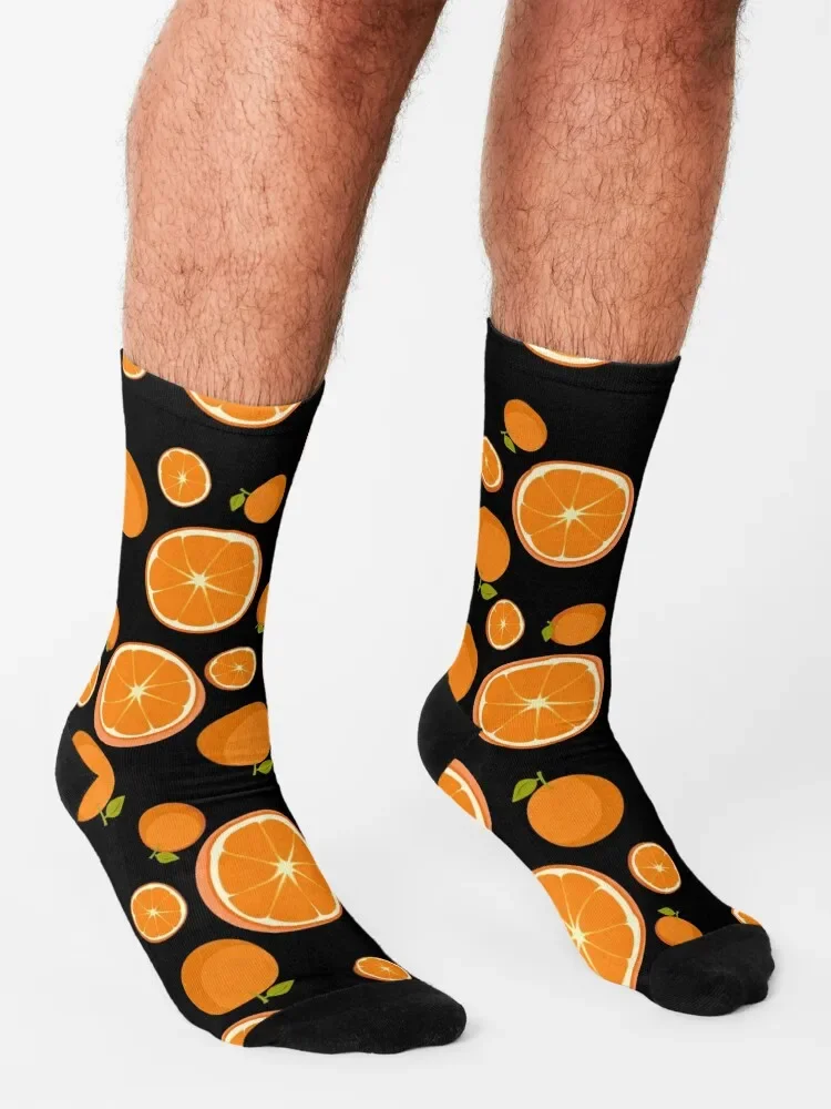 Oranges-Chaussettes de fond noir pour hommes et femmes, chaussettes de course drôles, cadeaux de Noël