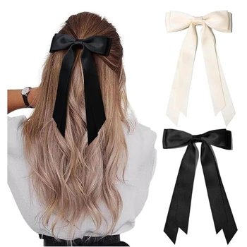 5.0 אינץ '2024 2 יחידות / הרבה סאטן סרט קשת קליפס שיער ילדות סרט קליפ זנבות ארוכות קשת ברטות אביזרי שיער לילדים