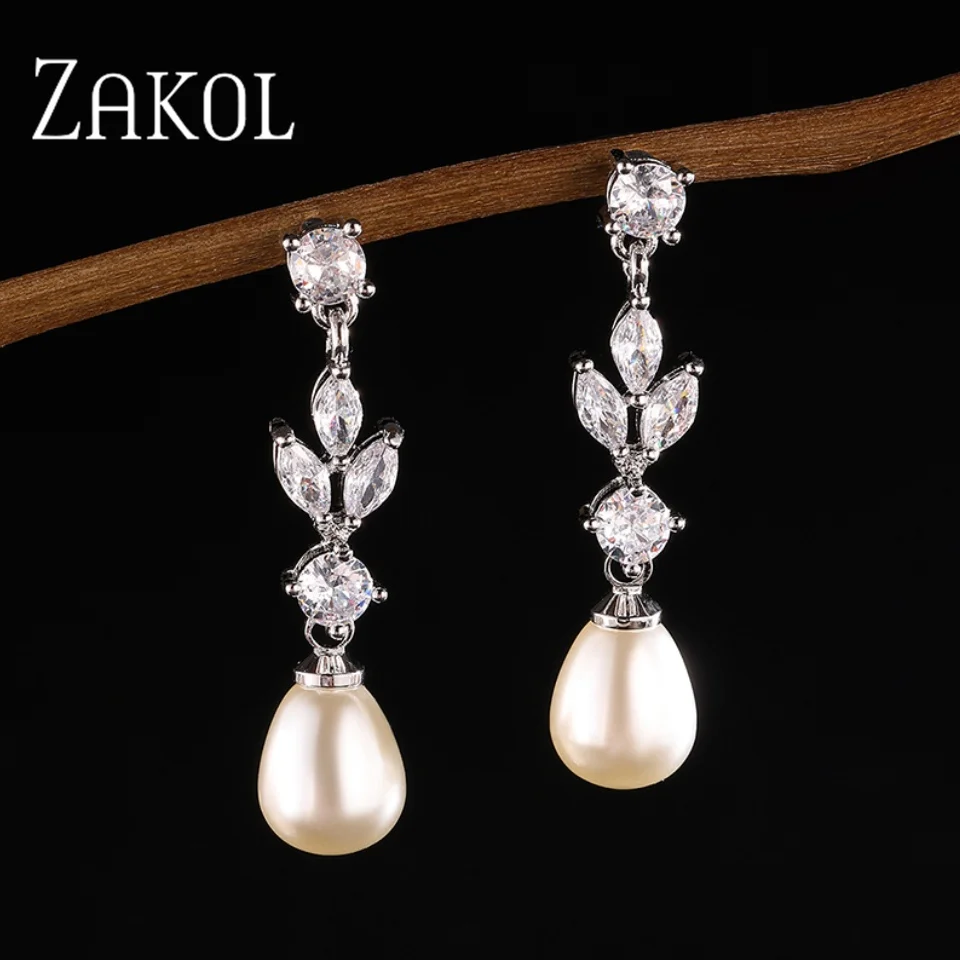 ZAKOL Fashion Marquise Cut Cubic Zircon Dangle Earrings for Women Imitation Pearl Leaf Wedding Jewelry Factory Price FSEP2179