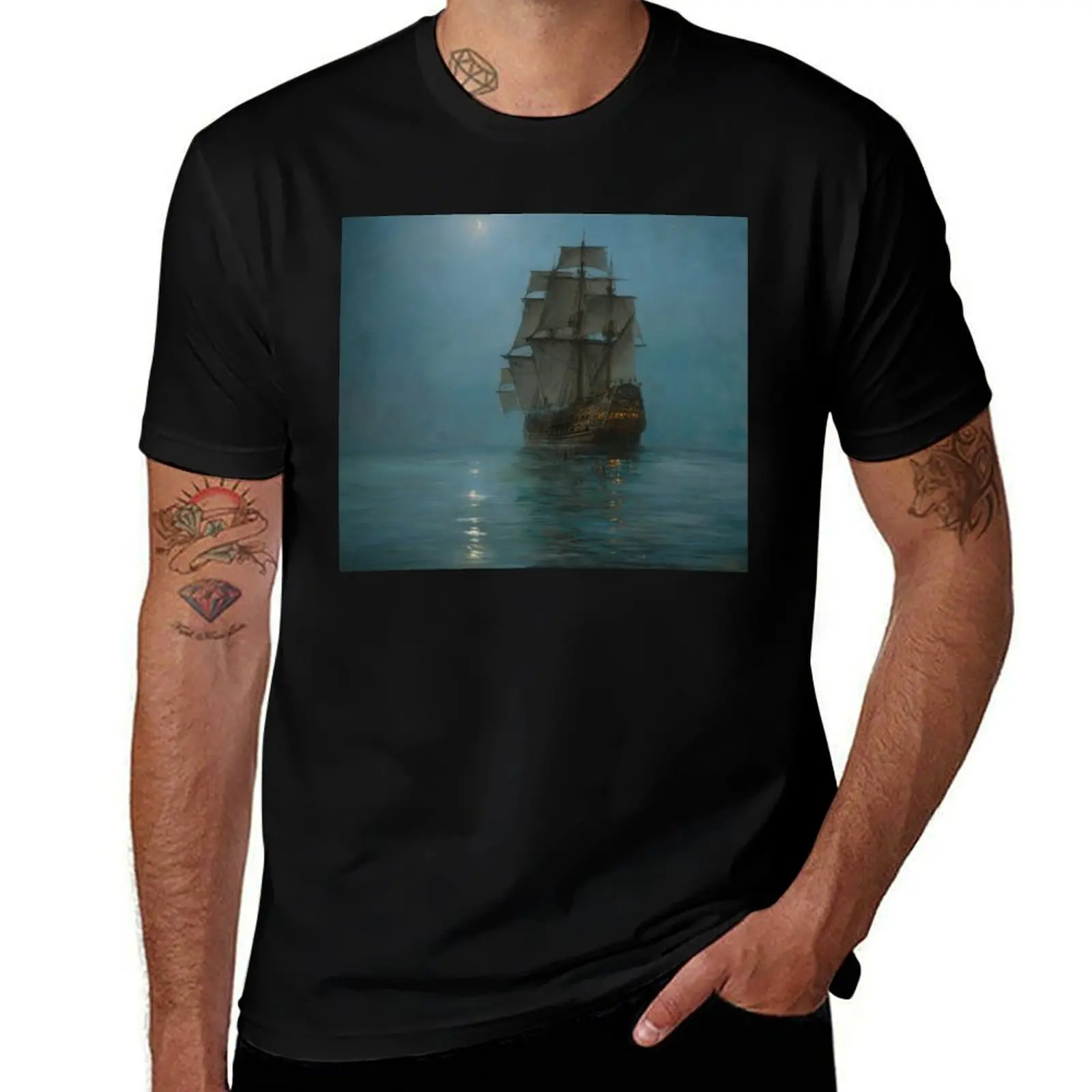The Crescent Moon, by Montague Dawson T-Shirt Casual Fashion Print Tee Top T-Shirt
