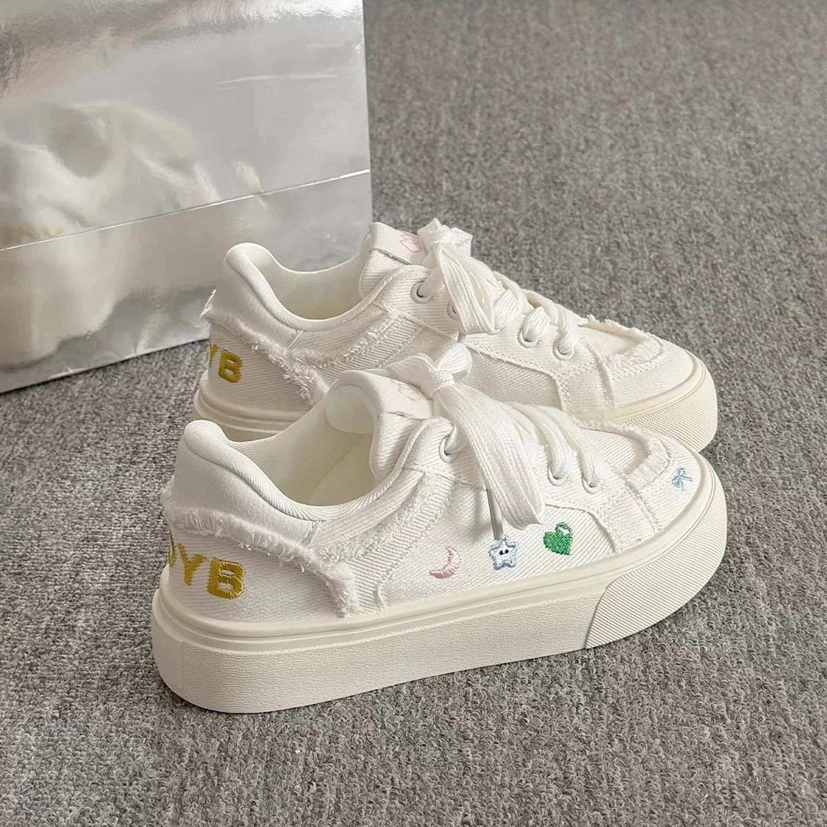 Vintage Vulcanized Frayed Canvas Shoes Women Star Embroidery Trainers Chunky Platform Retro Plimsolls Casual Distressed Sneakers