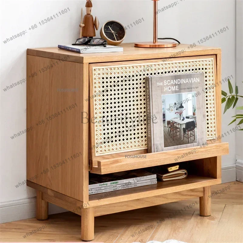 LSJapan Wooden Rattan Coffee Table for Living Room Furniture Sofa Side Cabinet Minimalist Clamshell Design Bedside Table