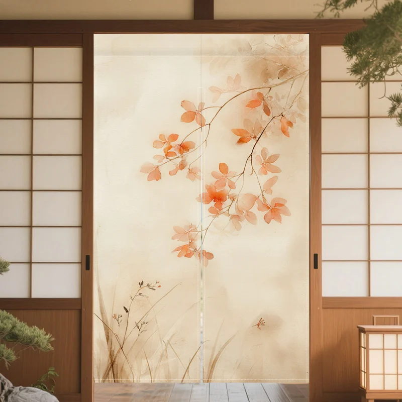 VIKAMA Japanese-Style Cherry Blossom And Maple Leaf Door Curtain Machine Washable Living Room Entrance Divider Curtain