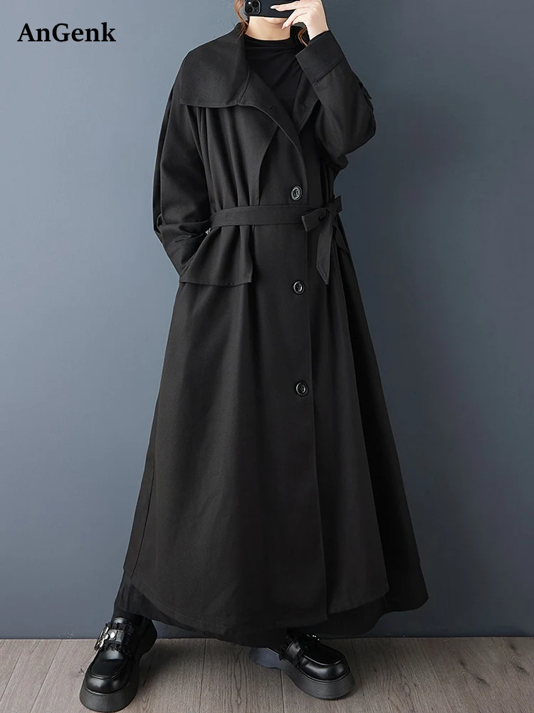 

Оверсайз, осенне-зимний новый корейский модный длинный плащ для женщин, черный винтажный повседневный свободный плащ с поясом, одежда 2025