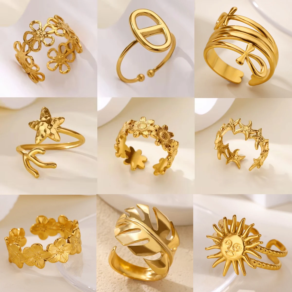 Gold Farbe Anillos Gestapelt Mehrere Blumen Ringe Elegante Frauen Edelstahl Shell Neue Ring Schmuck Hochzeit Geburtstag Zierlich