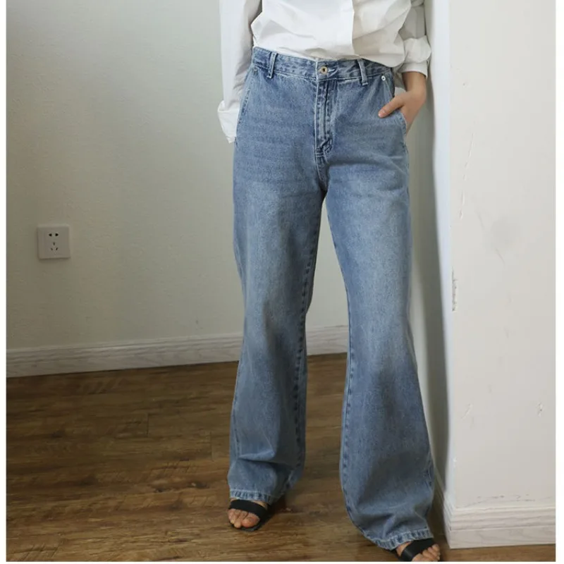 Pocket Embroidery Retro Frayed Straight Trousers Simple Washed Denim Trousers