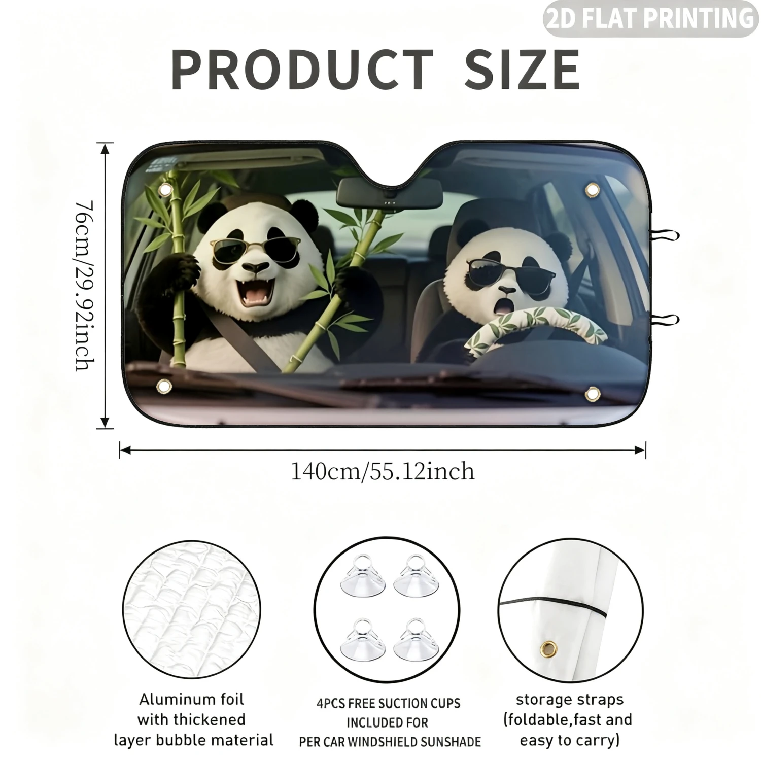 1pc Universal Car Windshield Sunshade, with Pandas Driving Car 2D FLAT Printing, with 4 Suction Cups, Protect Your Privacy
