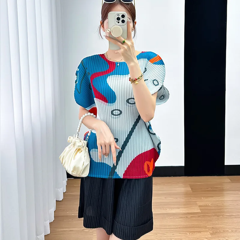 

Women's Suit Miyake 2025 Summer New High-end Loose Splicing Colour Matching Top Elastic Waist Casual Pants Two-piece Set ALSEY