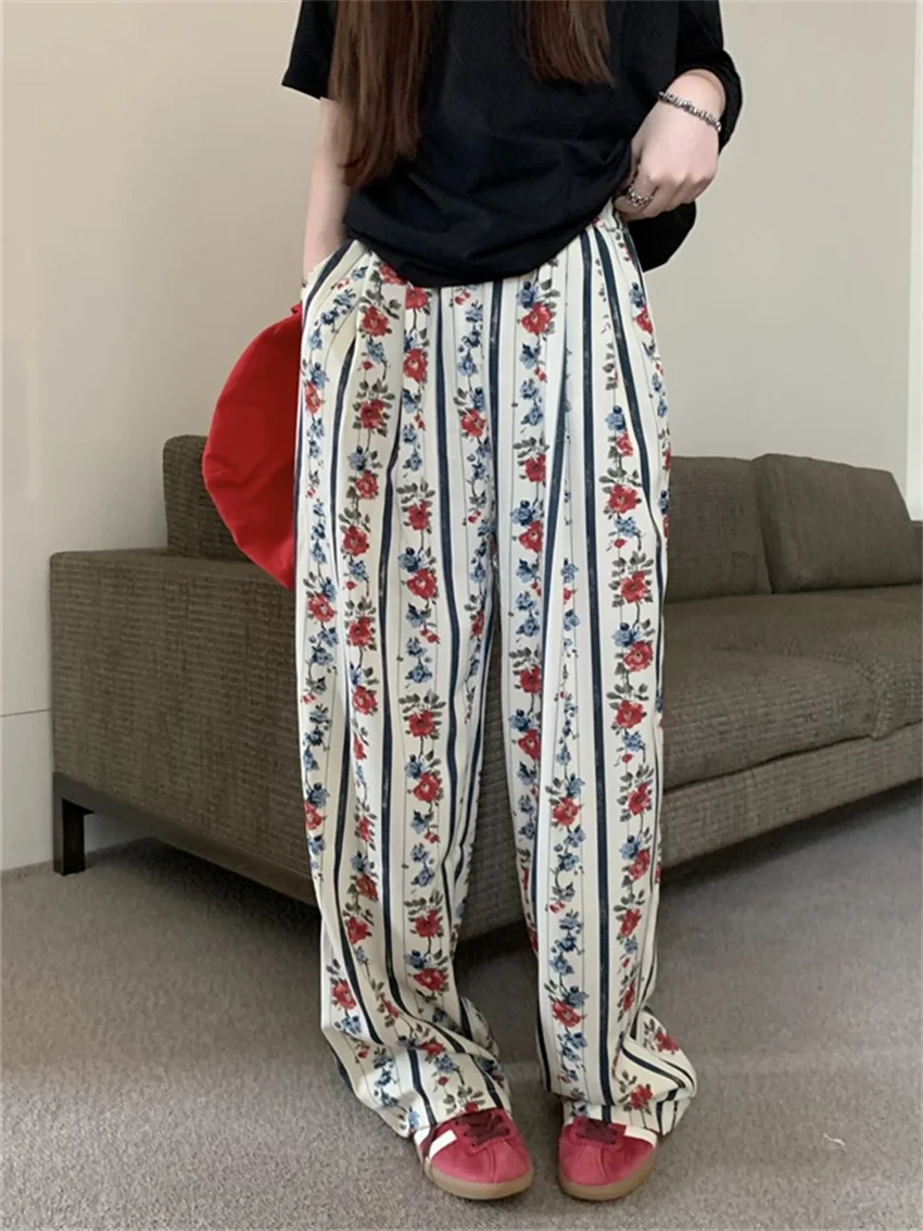 

PLAMTEE New Retro Women Pants Loose Printed Florals Fashion Summer Casual Gentle Wide Leg All Match Daily Straight Mopping