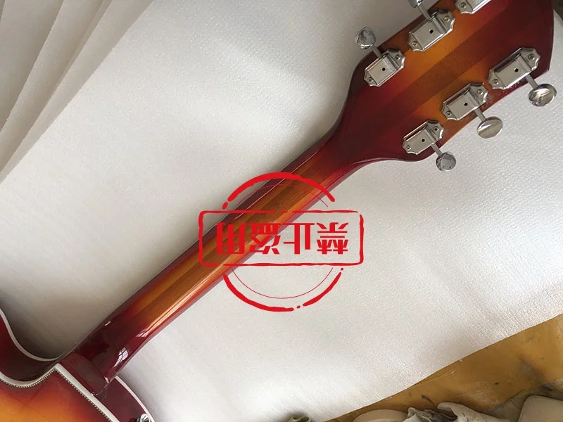 Electric Guitar with Gold Pickguard, Cherry Burst Color, Full Hollow Body, 360 6 String Guitar, Free Shipping