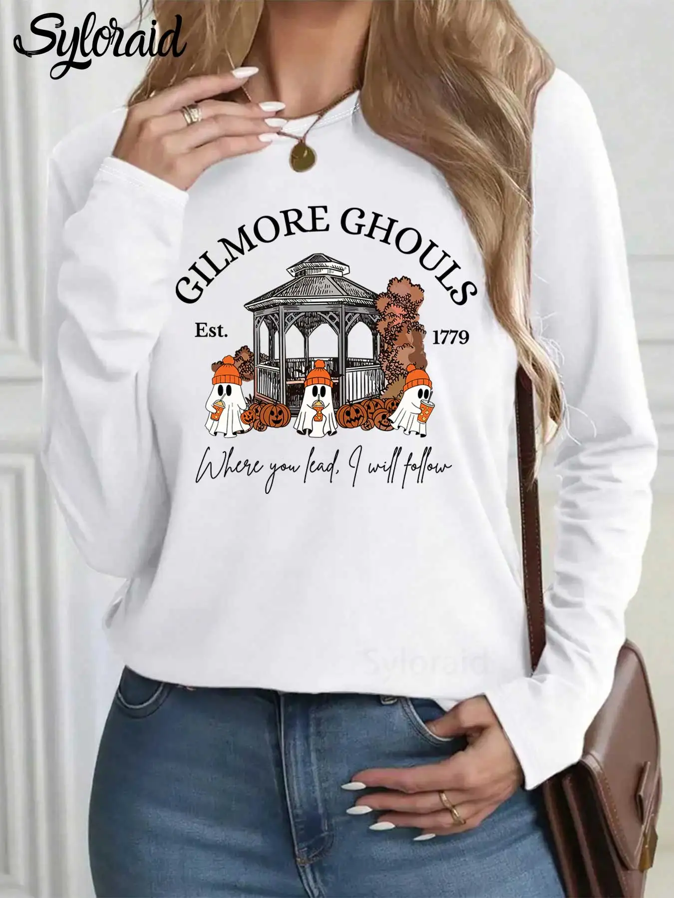 المرأة طويلة الأكمام تي شيرت نجوم الجوف الخريف يترك تي شيرت شبح هالوين شبح قميص أزياء جولة الرقبة عارضة أعلى #1