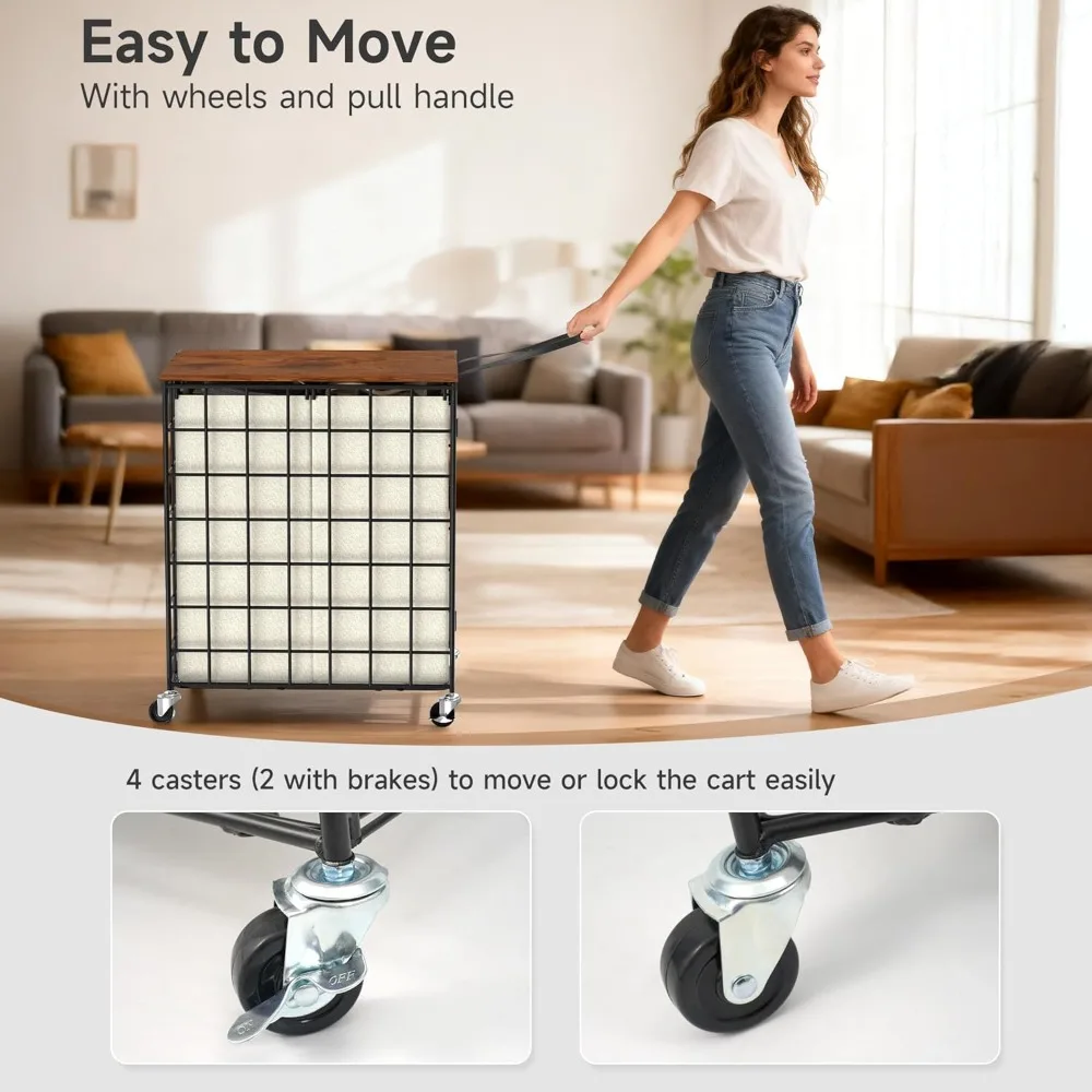 سلة غسيل دوارة شديدة التحمل مع فارز وسعة كبيرة، غطاء خشبي، عجلات 360 درجة لسهولة المناورة