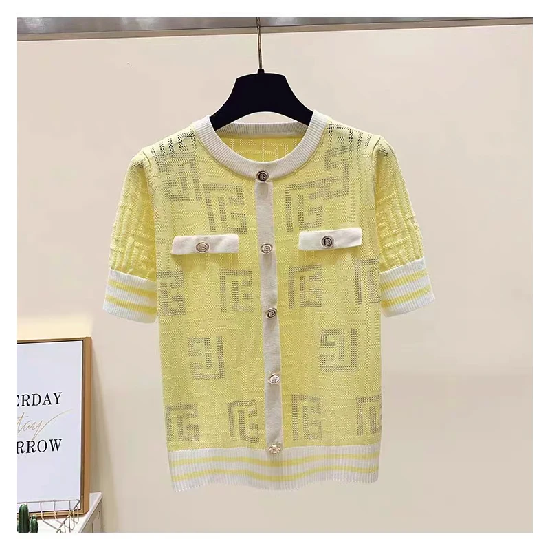 Woman’s Brand New Knit Sweater Short Sleeve Yellow Hot Drilling Hollow Out Crochet See Through Knit Top Formal Work Tee Shirts