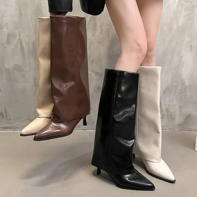 Woman Trend Chelsea Boots New Chunk Leather High Boots Women Knee High Pointer Toe Heels Shoes Pumps Mujer Snow Gladiator Botas