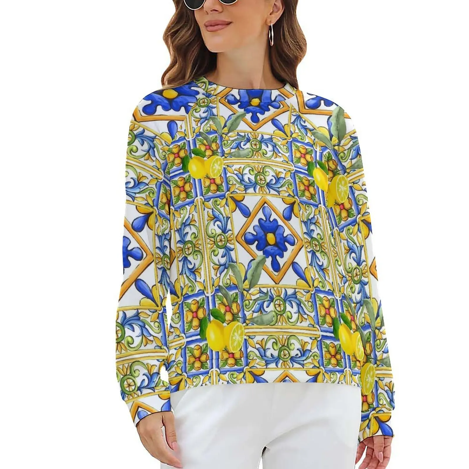 

Majolica Lemon Hoodies Lady Citrus Flowers Tiles Street Fashion Casual Hoodie Long Sleeve Trendy Graphic Tops Big Size 2XL 3XL