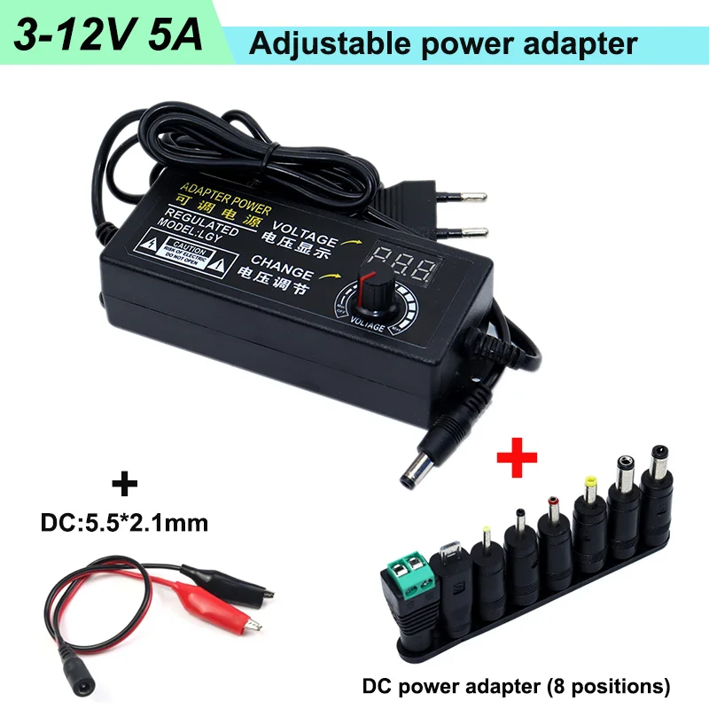 3-12V 5A Adjustable AC To DC Power Supply  3V 6V 8V 9V 12V 5A Power Supply Adapter Universal 220V To 12V Volt Adapter +DC Trans