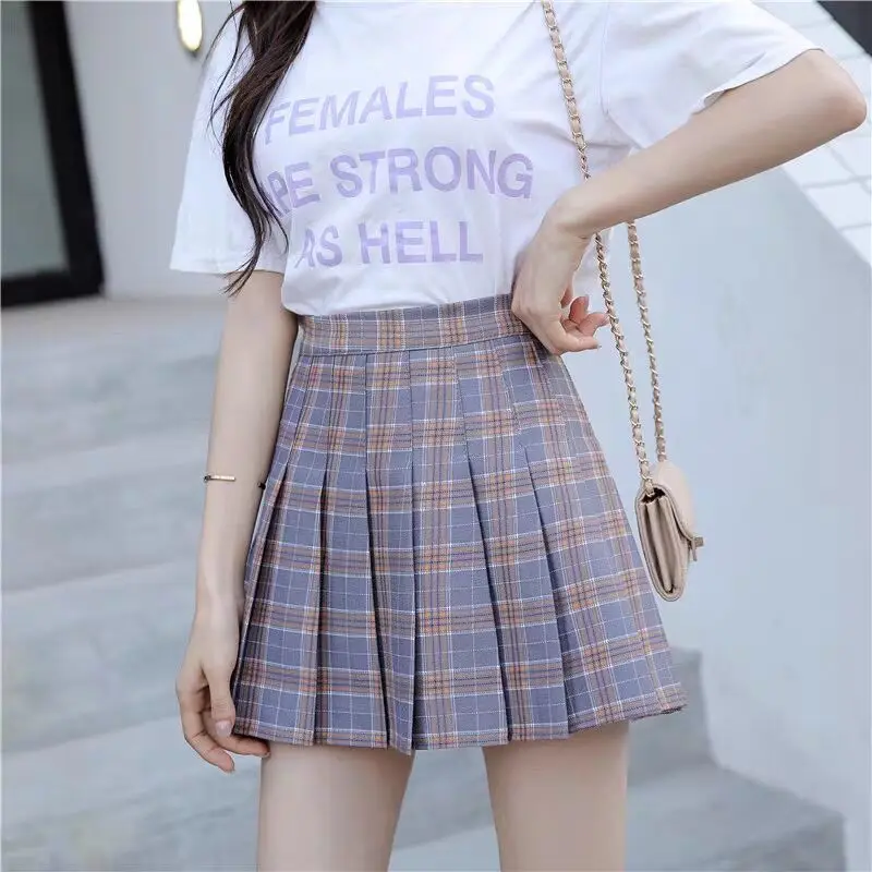 Women Casual Plaid Skirt Girls High Waist Pleated A-line Fashion Uniform Skirt With Inner Shorts 2022 New Gray Red Pink