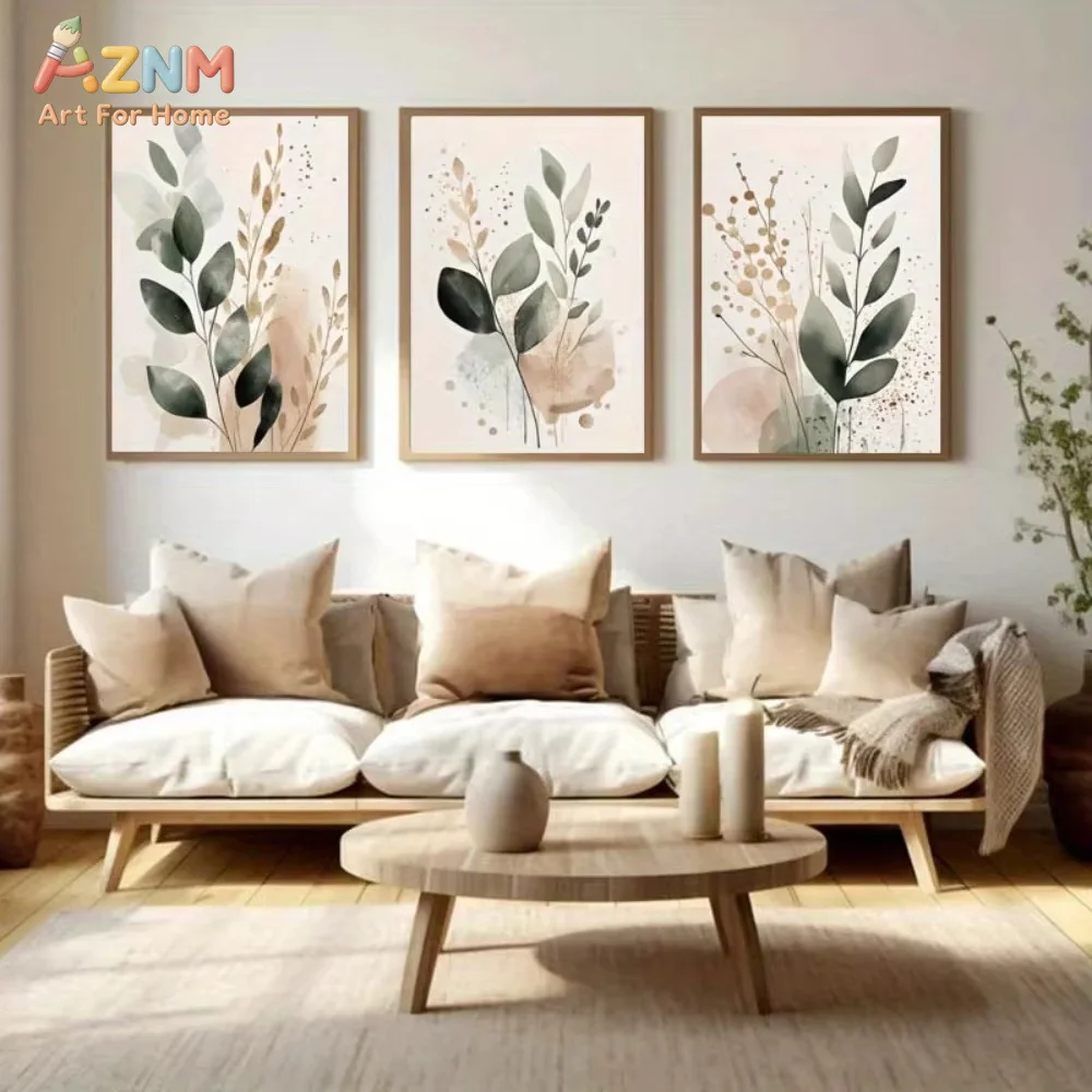 AZNM Boho Watercolor Green Leaf Canvas Wall Art Neutral Beige Blot Plant Print Unframed Canvas Painting for Living Room Bedroom