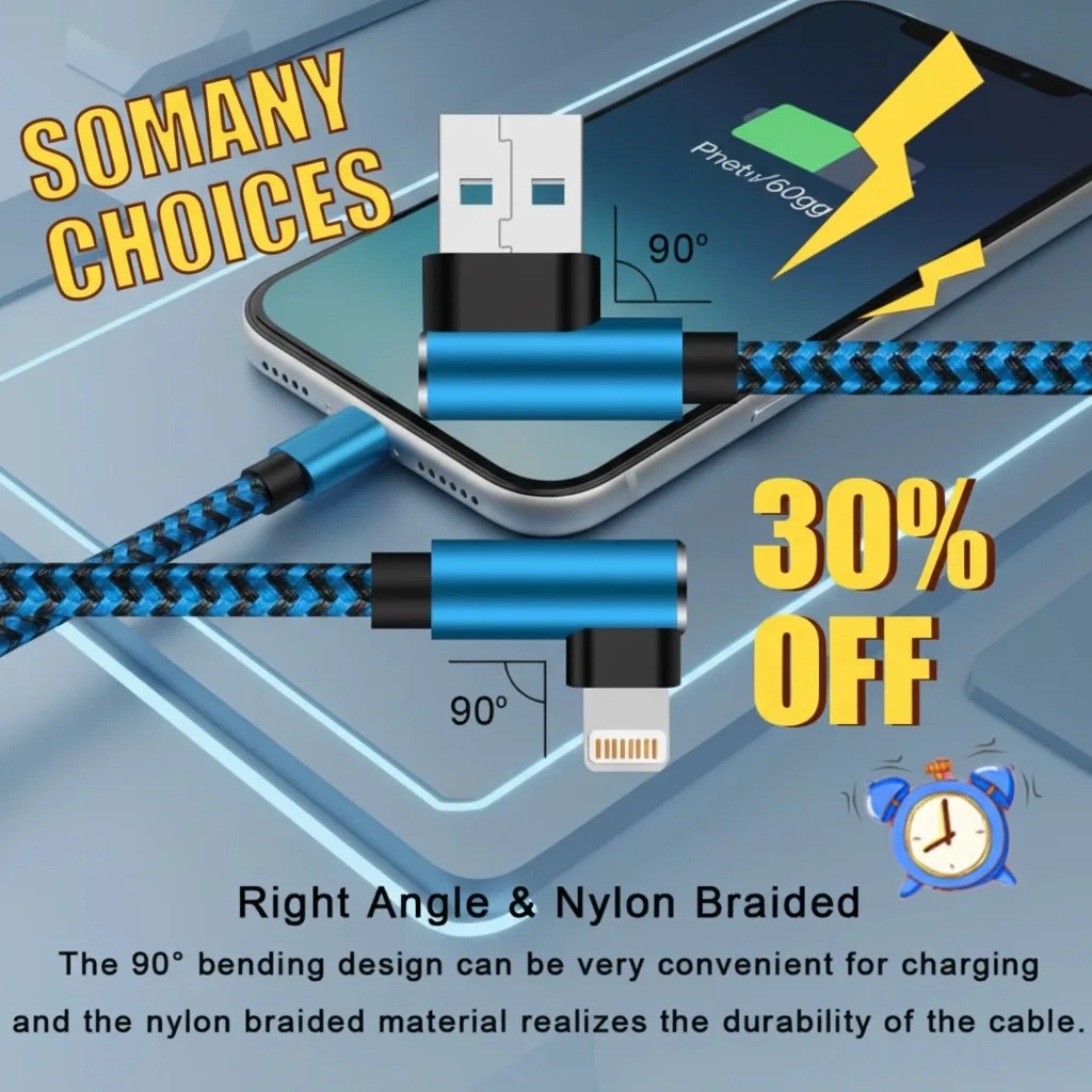 ANSEIP MFi Certified USB Charger Cable for iPhone 14 13 12 11 Pro mini XS XR MAX 7 8 Right Angle Gaming Fast Charge USB Cable