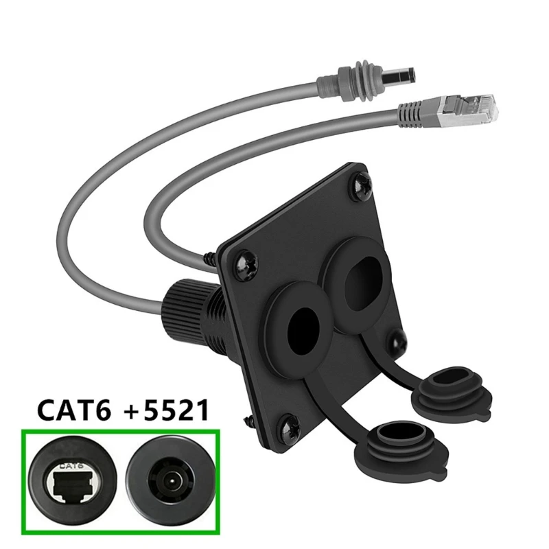RJ45 and DC5521 Panel-Mount Assembly with CAT6 Ethernet Link, Combined Data and Power Feedthrough, Threaded Rear Mounts and 896C