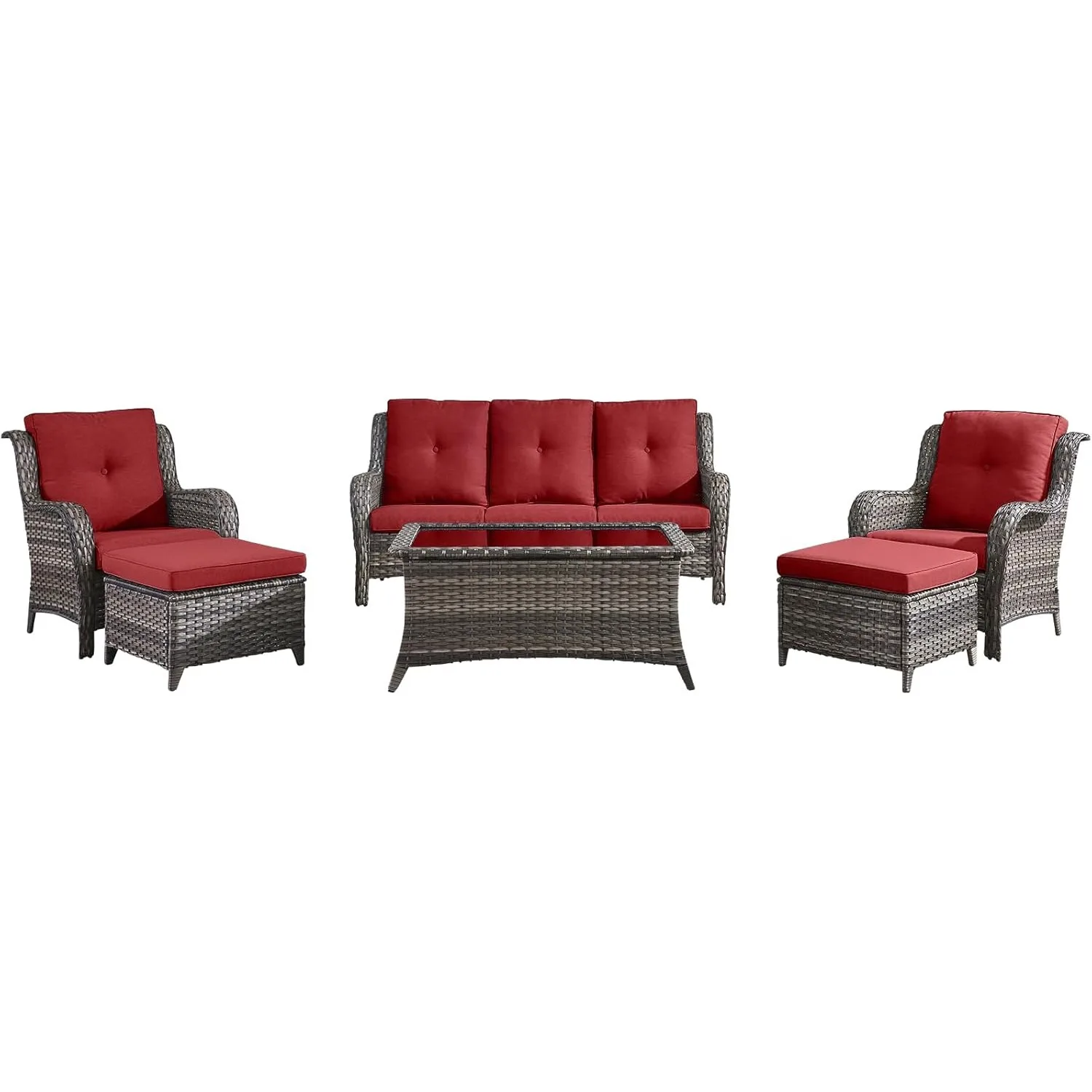 Wicker Furniture - 6 Pcs Rattan Conversation Sectional Sofa Set w/ 1 Couch,2 Armchairs,2 Ottomans & 1 Glass Top Coffee Table