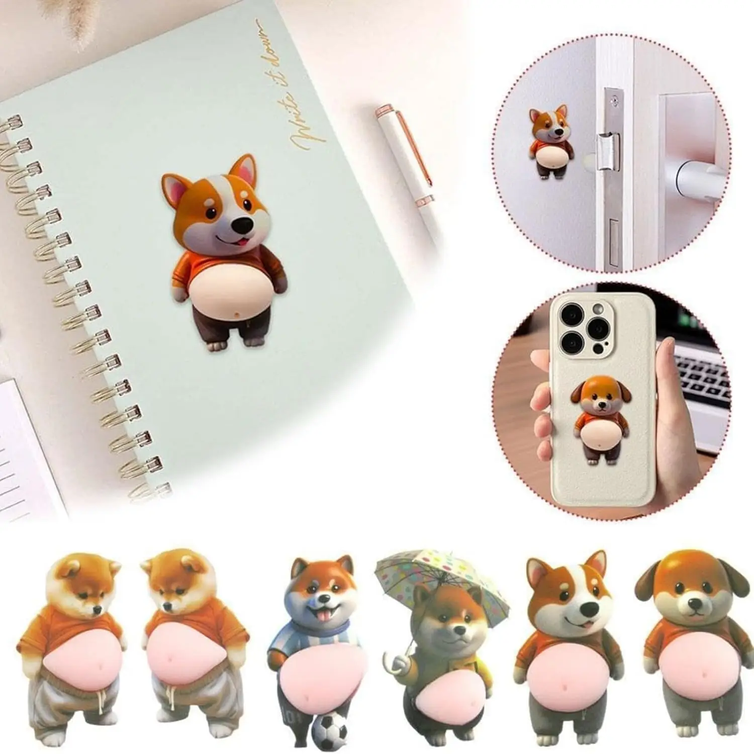 Adesivos 3D de Shiba Inu Fofos Laranja para Roupas, Decoração de Capa de Celular Apertável, Decalques de Vinil Impermeáveis de Cachorro Gordinho Kawaii para Carro