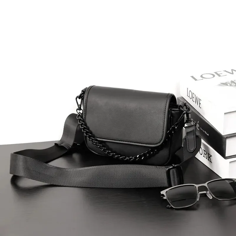 Chains Crossbody Bag Men Fashion Design Men's Crossbody Bag Flap PU Leather Shoulder Messenger Bags Male Square Sling Satchels