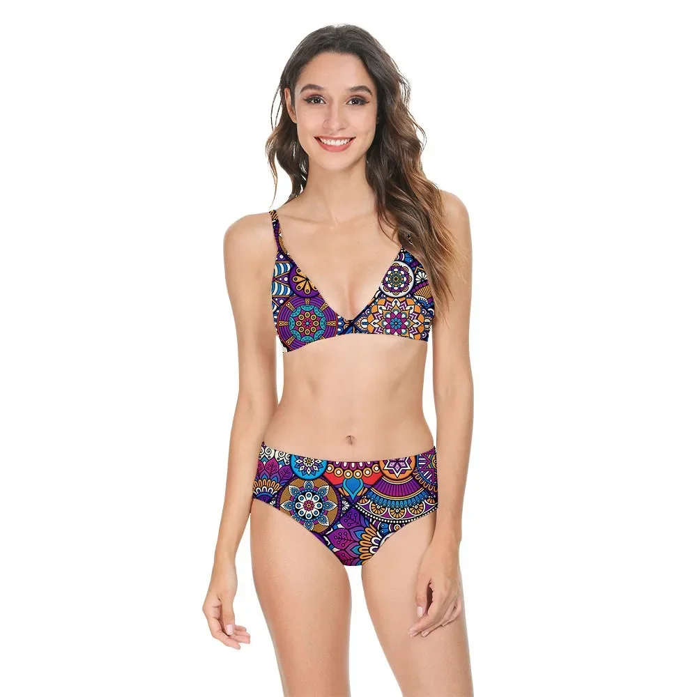 Women Sexy Bikini Swimsuit High Waist Color Mandala Printed Casual Hawaiian Backless Swimwear Swimming Suit Sportswear Clothing