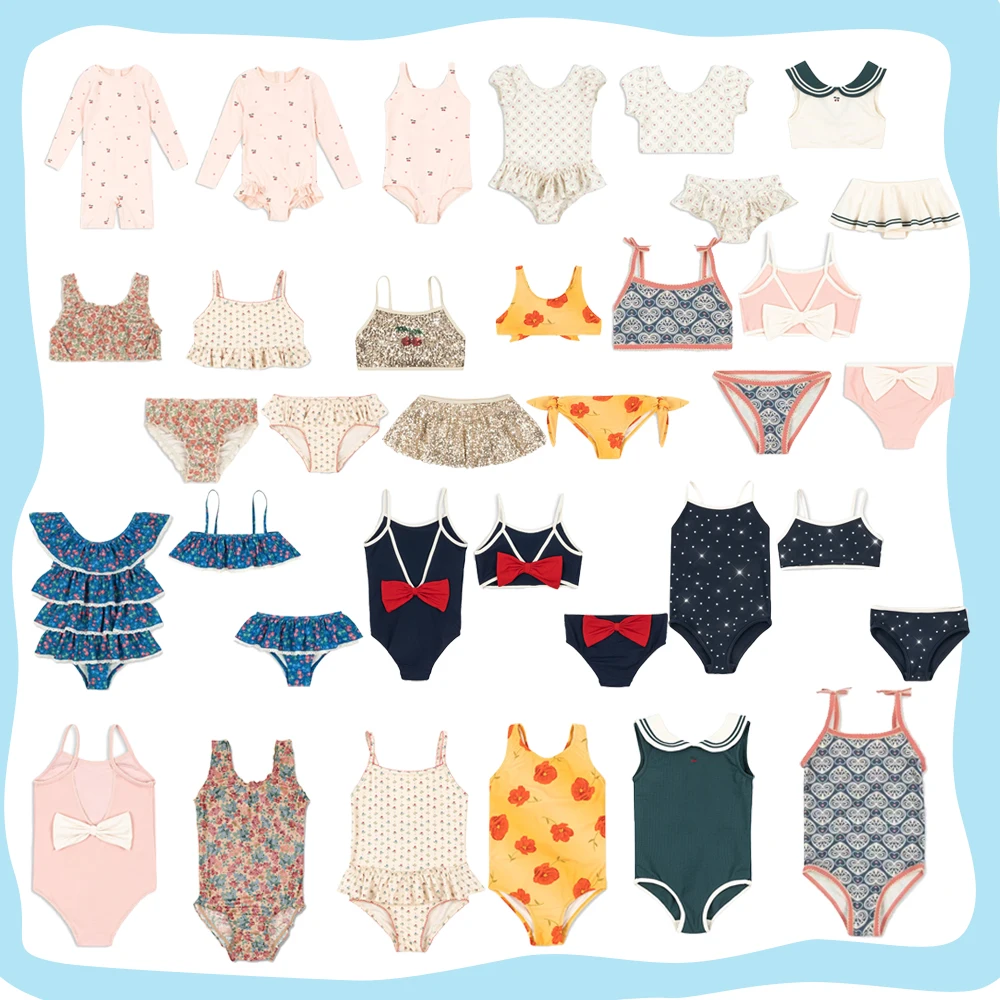 Girls Floral Print Swimwear Collection Summer 2026 Bowknot One Piece Bathing Suit & Two Piece Bikini Set New Children's Clothing