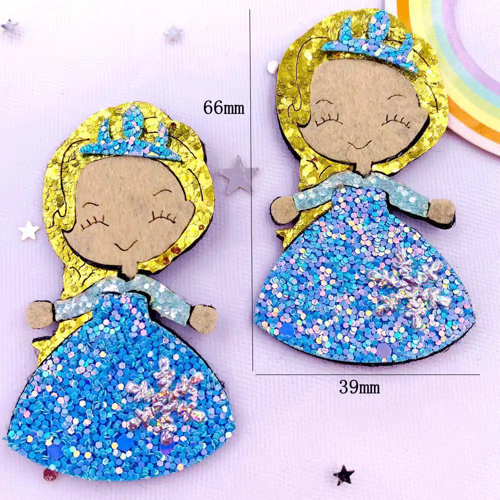 6pcs Felt Fabric Colorful Glitter Bepowder Cartoon Princess Snow Flower Patch Applique Sewing DIY Hair Bow Crafts Supplies XE816