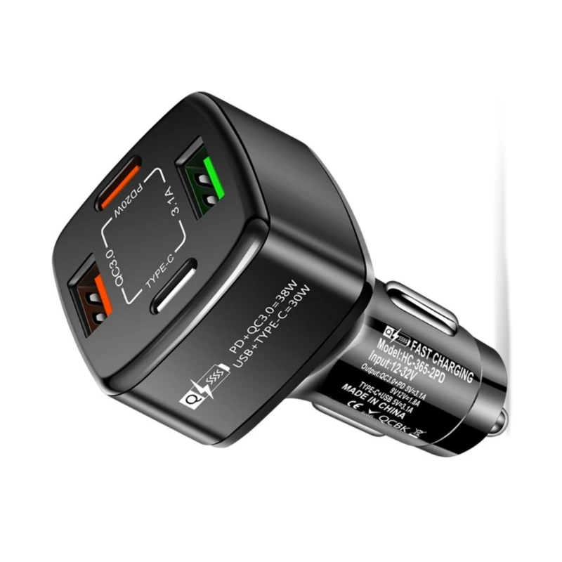 Cargador coche USB C 38W con adaptador carga rápido 4 puertos para teléfonos y auriculares que viajan