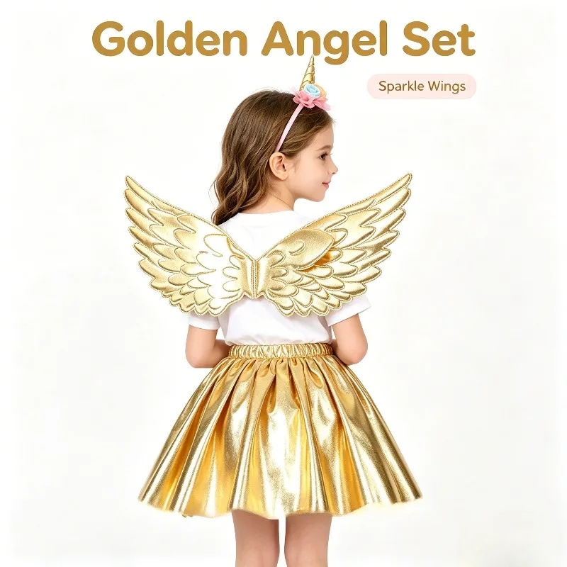 Gold Angel Wing Rainbow Tutu Outfit Set With Headband Birthday Stage Festival Cute Sweet Costume Party Performance Accessory Kit