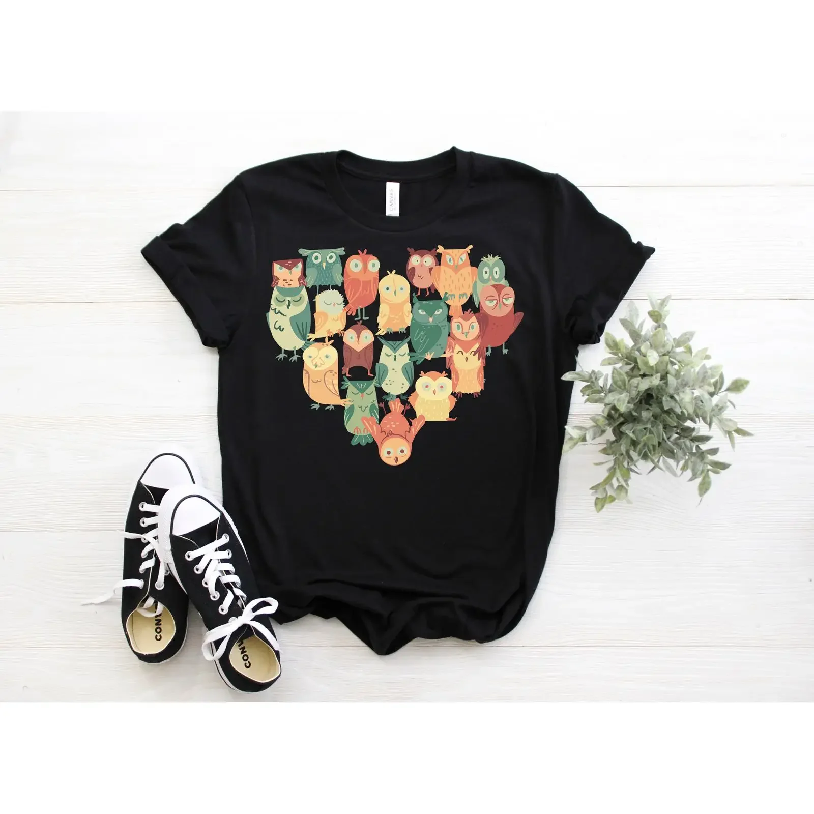 Cute Owl Heart Print T Shirt Funny for Lover Bird Watching Nerd Ornithologist Casual  vintage Washed Unisex Comfortable Soft