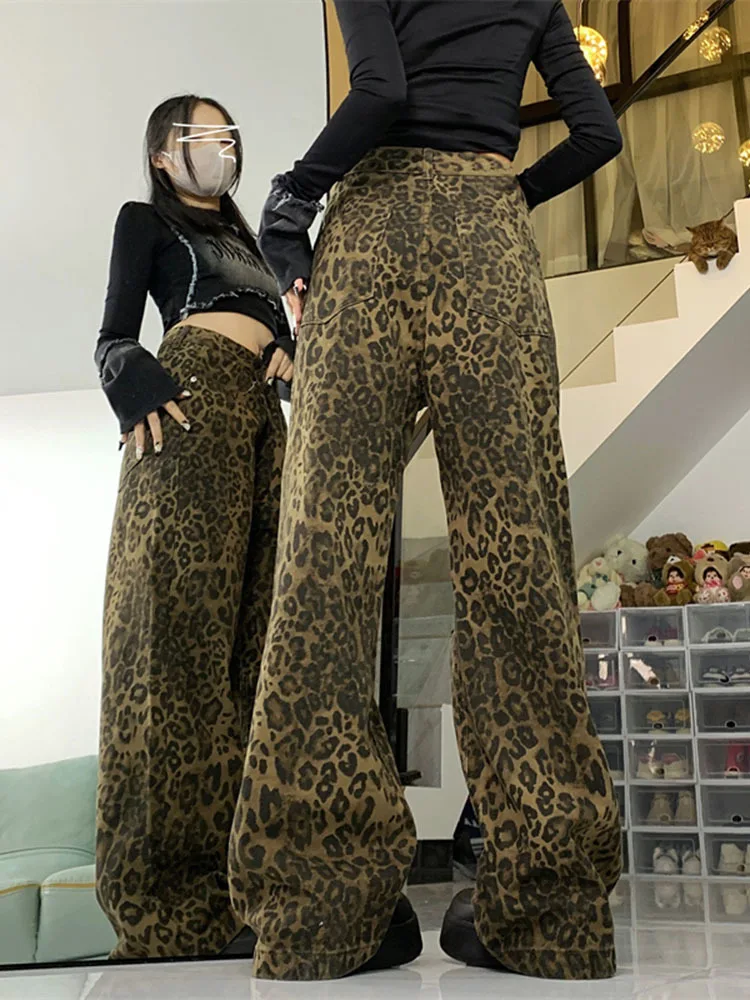 Harajuku-pantalones vaqueros de cintura alta para mujer, ropa de calle Retro, holgados, de pierna ancha, rectos, Y2K, otoño